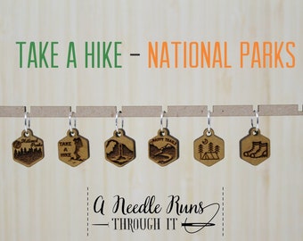 National Parks Knitting or crochet Stitch markers set, take a hike stitch markers, crochet clasp marker, progress keepers