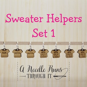 Sweater Helpers stitch marker sets, Helpful stitch markers, increase marker, decrease marker, ruler and pin holder, progress keepers.
