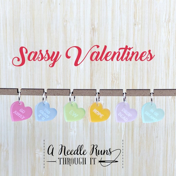 Sassy valentine stitch markers for knitting or crochet. Progress keepers Valentine’s Day. Candy heart stitch markers. Color Stitch markers