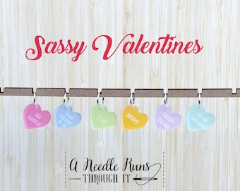 Sassy valentine stitch markers for knitting or crochet. Progress keepers Valentine’s Day. Candy heart stitch markers. Color Stitch markers