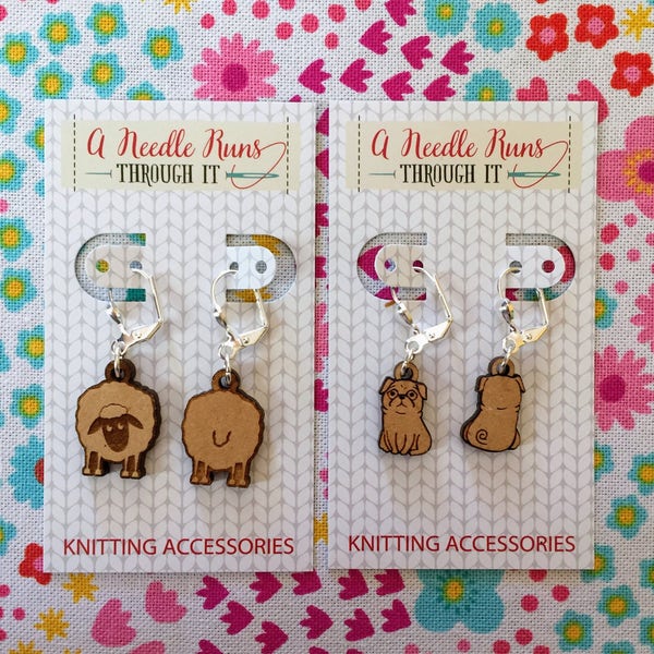 Sheep front and back stitch markers, right side, wrong side wood sheep or pug Earrings or removable markers for knitting and crochet