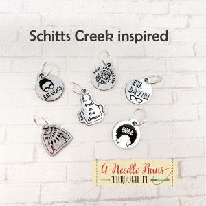 The Rose family, Schits Creek inspired stitch markers. Knitting markers, crochet markers, Rose apothecary, Ew David Stitch markers