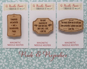 Kruissteeknaaldminder, Pride and Prejudice-citaten, houten magnetische naaldminder. Handborduurwerk, naaldhouder. Borduurnaaldpatroon