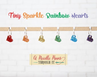 Tiny Rainbow heart Sparkle stitch marker set for Knitting and crochet, Progress keeper knitting markers. Pride Stitch markers