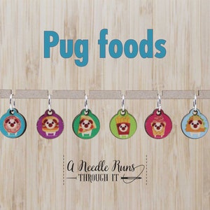Pug foods, Stitch markers set, sock knitter, pugs snag free stitch markers, pugs with food costumes color stitch markers set, cute pugs image 1