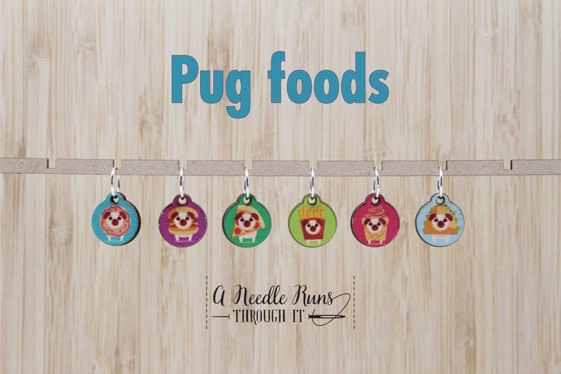 Pug foods, Stitch markers set, sock knitter, pugs snag free stitch markers, pugs with food costumes color stitch markers set, cute pugs image 1