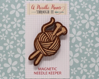 Knitting needles, crochet hook with yarn Cross Stitch Needle Minder, Wood Magnetic Needle Minder. Hand embroidery, Needle Keeper.
