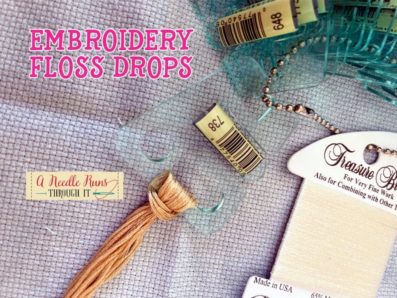 May include: A close-up of a skein of beige embroidery floss with a knot tied at the end. The floss is labeled "Treasure Box" and is for very fine work. The label also says "Made in USA" and "65%"