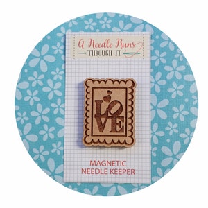 Cross Stitch Needle Minder, Love stamp needle minder, Wood Magnetic Needle Minder. Hand embroidery, Needle Keeper.Needle minder cross stitch