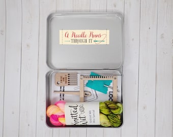 Mini Square Loom-kit, knutselpakket weven. Miniweefgetouwset met blik