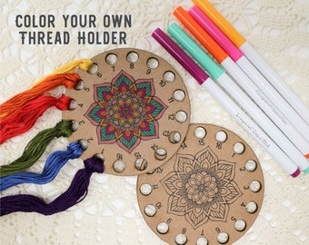 Color your own mandala Thread Holder, Wood embroidery thread holder, embroidery floss holder. Thread palette for cross stitch and needlework