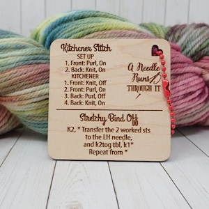 Kitchener Stitch help tag, Stretchy Bind Off instruction tag, sock knitting help. knitter's gift