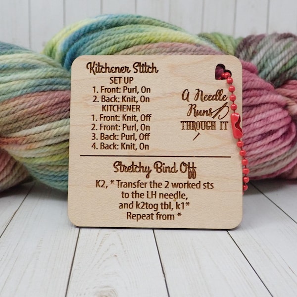 Kitchener Stitch help tag, Stretchy Bind Off instruction tag, sock knitting help. knitter's gift