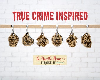 True Crime and Craft inspired stitch marker set, snag free stitch markers, st markers for knitting, crochet progress keeper