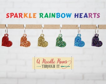 Rainbow heart Sparkle stitch marker set for Knitting and crochet, Progress keeper knitting markers. Pride Stitch markers