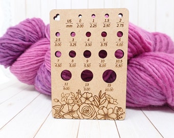 Flower Knitting Needle gauge, small needle gauge. Floral needle gauge for knitting needles. Wood knitting needle gauge