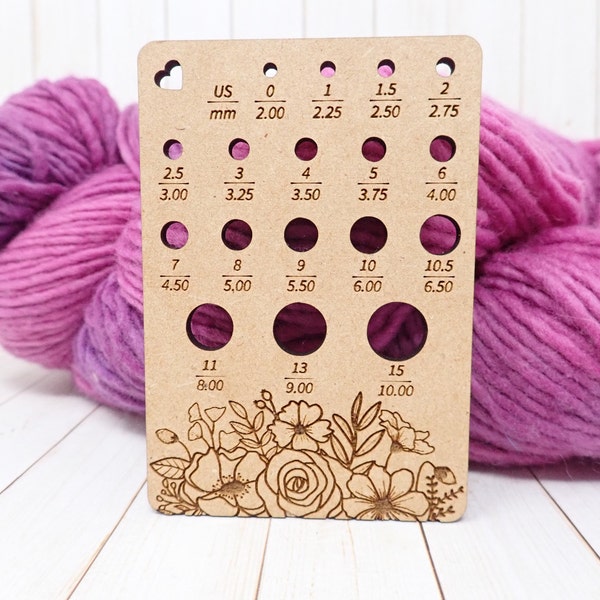 Flower Knitting Needle gauge, small needle gauge. Floral needle gauge for knitting needles. Wood knitting needle gauge
