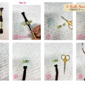 May include: A step-by-step guide on how to thread embroidery floss onto a plastic thread organizer. The organizer has a clear plastic tab that the floss is threaded through. The steps are numbered 1 through 8.