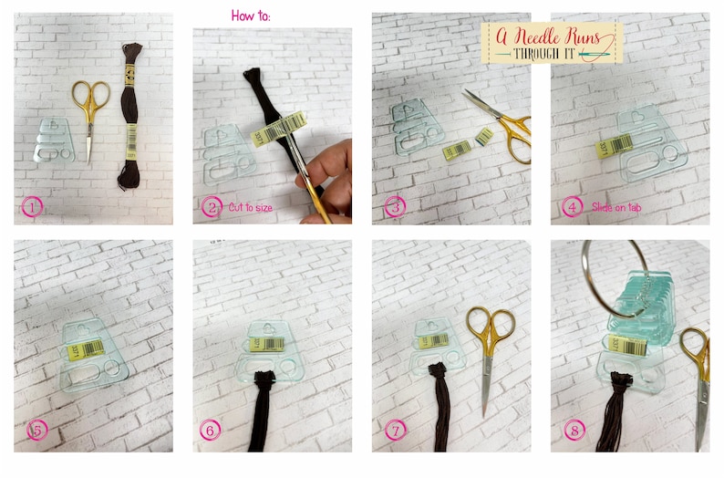 May include: A step-by-step guide on how to thread embroidery floss onto a plastic thread organizer. The organizer has a clear plastic tab that the floss is threaded through. The steps are numbered 1 through 8.