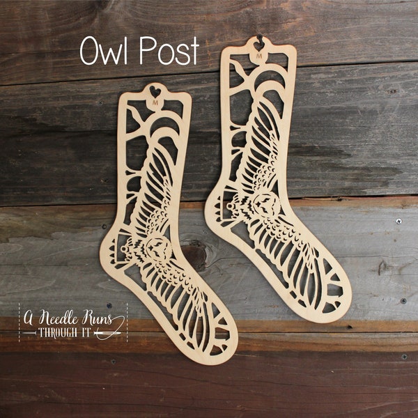 Owl Post Sock Blockers, Baltic Birch Owl Post Design Wood Sock blockers, pair of blockers for knitting socks. S, M, L sizes. Wood sock form