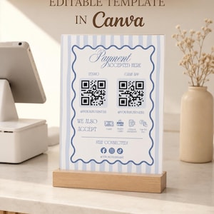 Puede incluir: Un letrero de pago rectangular vertical con fondo de rayas azul claro y blanco, con un borde festoneado. El texto dice Payment Accepted Here, Venmo, Cash App, We Also Accept y Stay Connected, con códigos QR e iconos de redes sociales.