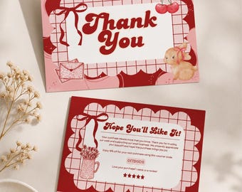 Modèle de carte de remerciement Coquette rouge modifiable, encart personnalisé pour colis de petites entreprises, design imprimable