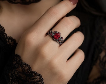 Vintage Gothic Roter Edelstein Ring, Schwarz Legierung Vine Leaf Ring, Oval Rubin Rot Statement Ring, Romantisches Geschenk für Sie