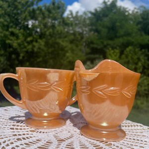 Vintage Fire King Peach Lusterware Creamer Sugar Set, Laurel Leaf Pattern