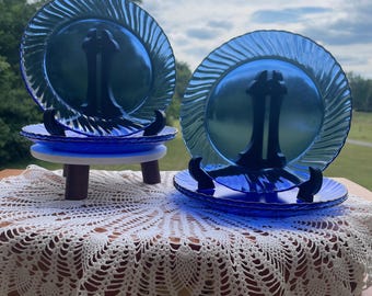 Vintage Arcoroc France Kobaltblaue Wirbelteller – Set mit 6 Dessert- und Salattellern