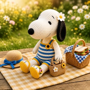 May include: A crocheted white dog doll with a black ear and nose, wearing blue and white striped overalls with yellow accents. The doll has a white daisy on its head, holds a small tan woven bag, and sits near a straw hat and a picnic basket.