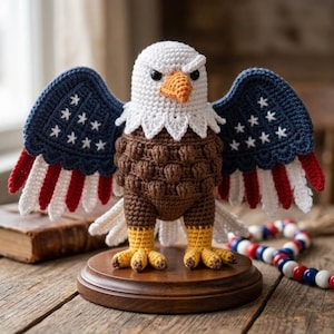 Patriotic Bald Eagle Crochet Pattern, Amigurumi Eagle, Red White Blue Decor (Digital Download)