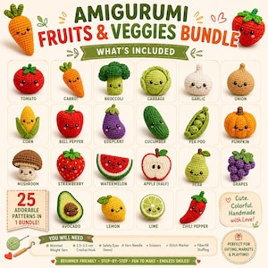 Peut inclure: Une collection de 25 fruits et légumes amigurumi comprenant une tomate, une carotte, un brocoli, un chou, de l'ail, un oignon, du maïs, un poivron, une aubergine, un concombre, des petits pois, une citrouille, un champignon, une fraise, une pastèque, une pomme, une poire, du raisin, un avocat, un citron, un citron vert et un piment.