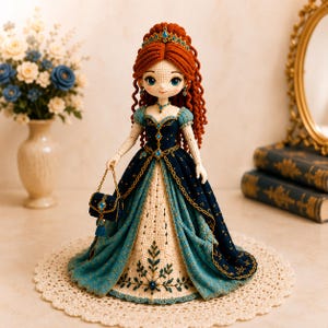 May include: A handcrafted crochet doll with long, wavy auburn hair, wearing a dark blue and teal gown with gold embroidery and blue gemstone accents. The doll features a matching tiara, necklace, earrings, and a small handbag with a gold chain strap.