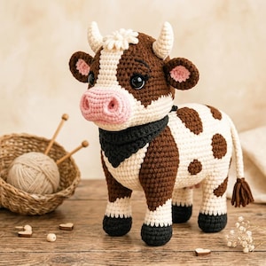 Gehaakte amigurumi koe patroon pdf, koe knuffel haakpatroon, boerderijdieren amigurumi, koe met hoorns en bandana, digitale download