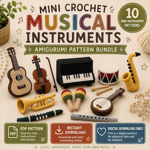 Op de afbeelding: Een digitaal haakpatroonpakket getiteld Mini Crochet Musical Instruments met 10 patronen. De afbeelding toont gehaakte amigurumi-items, waaronder een gitaar, viool, piano, trommel, saxofoon, trompet, maracas, banjo en fluiten.