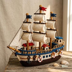 May include: A handcrafted crochet ship model featuring a dark brown hull, cream-coloured sides, and blue railings. It has three masts with white sails, small red-roofed cabins, and decorative lifebuoys and anchors attached to the exterior sides.