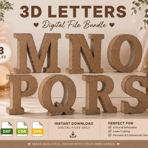 May include: A digital file bundle for 3D letters M, N, O, P, Q, R, and S. The brown cardboard-style letters are displayed in two rows. The image includes text labels such as 3D LETTERS, Digital File Bundle, 3 FILES, INSTANT DOWNLOAD, and file formats DXF, CDR, and SVG.