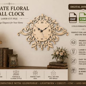 May include: A digital download file for an ornate floral wall clock featuring a light wood circular face with black Roman numerals and hands. The design includes intricate laser-cut scrollwork patterns extending from the center clock face.