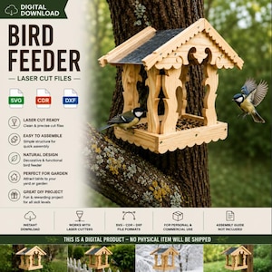May include: A digital download listing for a wooden bird feeder laser cut file. The image displays a light-colored wooden bird feeder with a dark roof hanging from a tree, featuring decorative cutouts. Text includes BIRD FEEDER LASER CUT FILES.