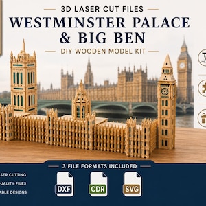Op de afbeelding: Een 3D lasergesneden houten modelbouwset van het Westminster Palace en Big Ben. De digitale download bevat DXF-, CDR- en SVG-bestandsformaten. Het model toont gedetailleerde architecturale elementen, waaronder torens en een klok, in licht hout.