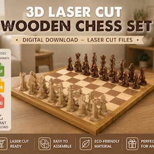 Puede incluir: Un juego de ajedrez de madera cortado con láser 3D en descarga digital con un tablero de cuadros de madera clara y oscura. El juego incluye piezas de color marrón oscuro y beige claro. El texto incluye 3D LASER CUT WOODEN CHESS SET, DIGITAL DOWNLOAD, LASER CUT FILES, INCLUDES 3 FILE FORMATS, DXF, CDR, SVG, INSTANT DOWNLOAD.