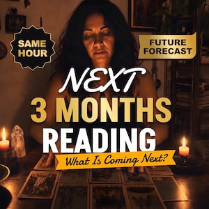 May include: A tarot card reading service featuring text overlays that read SAME HOUR, FUTURE FORECAST, NEXT 3 MONTHS READING, and What Is Coming Next? The scene includes a person behind a table with tarot cards and two lit candles in a dimly lit room.