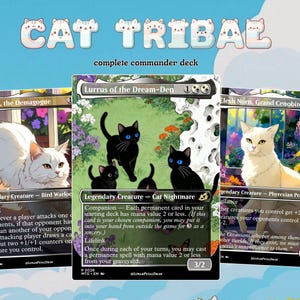 May include: A Cat Tribal complete commander deck featuring three Magic: The Gathering cards. The cards display illustrations of cats in garden settings, including Breena, the Demagogue, Lurrus of the Dream-Den, and Elesh Norn, Grand Cenobite.
