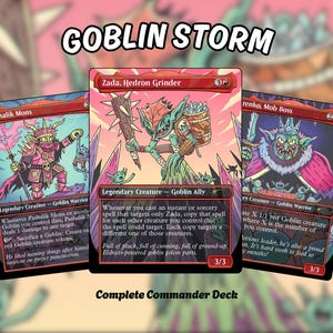 May include: Three trading cards titled GOBLIN STORM, featuring illustrated goblin characters Pashalik Mons, Zada, Hedron Grinder, and Krenko, Mob Boss. Each card displays red and black borders, text descriptions, and power/toughness stats of 3/3.