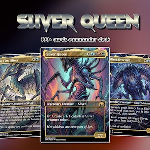 May include: A 100+ card commander deck featuring three Magic: The Gathering cards titled Sliver Queen, The First Sliver, and Sliver Overlord. Each card displays detailed, colorful, and dark fantasy creature illustrations with text.
