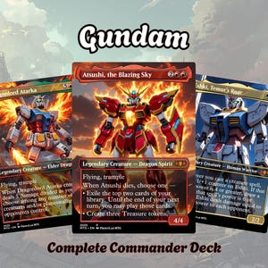 May include: Three Magic: The Gathering cards featuring Gundam mecha artwork. The cards display the text "Gundam" at the top, with "Complete Commander Deck" at the bottom. Each card showcases a different Gundam design with unique abilities and stats.