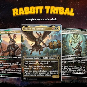 May include: A Rabbit Tribal complete commander deck featuring three Magic: The Gathering cards: Byrke, Long Ear of the Law, Baylen, the Haymaker, and Inspiring Leader. Each card displays detailed fantasy artwork of rabbit characters in armor.