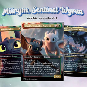May include: Three trading cards featuring dragon illustrations and text, including Atarka, World Render, Klauth, Unrivaled Ancient, and Miirym, Sentinel Wyrm. The text Miirym, Sentinel Wyrm complete commander deck appears at the top of the image.