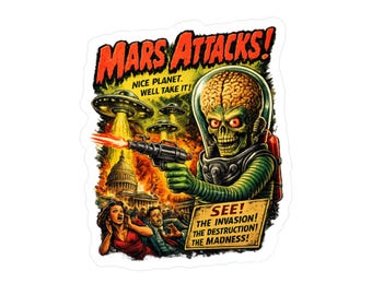 Adesivo/decalcomania in vinile fustellato con poster di alieni in stile retrò "Mars Attacks"