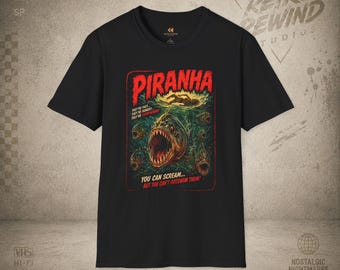 Piranha Horror Movie Poster T-Shirt | Retro Shark Attack Graphic